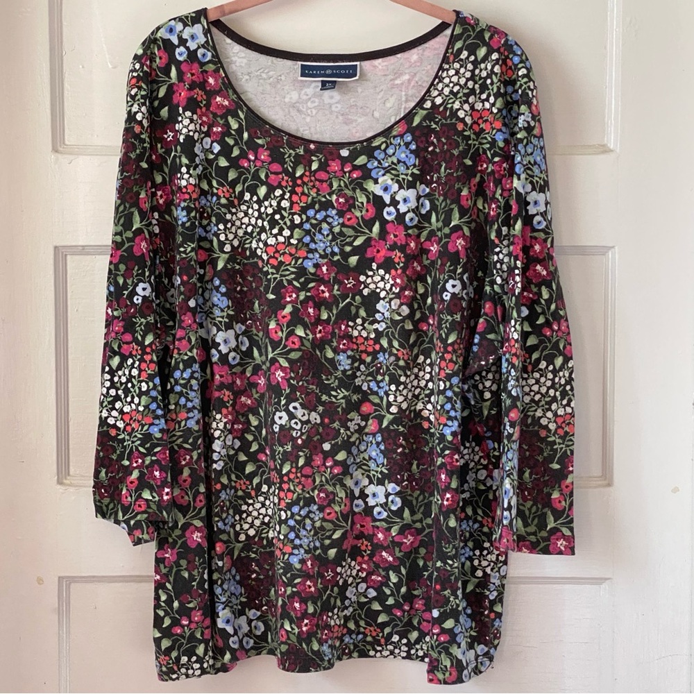 Karen Scott Black Floral 3/4 Sleeve Crewneck Top Size 2X